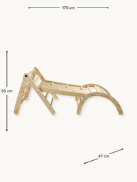 Natural wood Montessori climbing set assembled with triangle, flat ramp panel, and arch, with dimension annotations: 176×4…