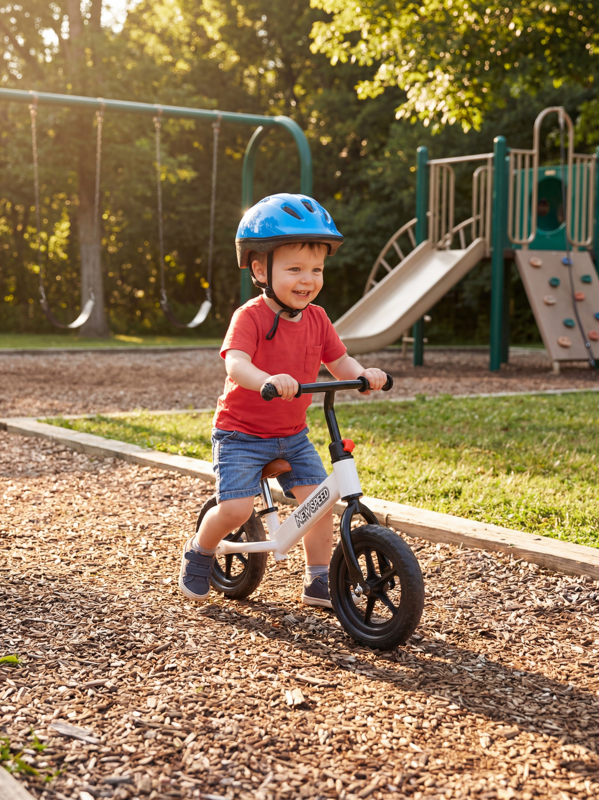 Smiling toddler riding white New Speed balance bike on wood-chip playground surface, wearing blue helmet and red shirt, su…
