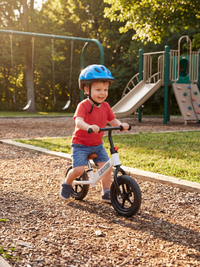 Smiling toddler riding white New Speed balance bike on wood-chip playground surface, wearing blue helmet and red shirt, su…