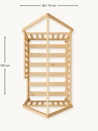 Natural pine children's house bed top-down view with dimension annotations: 60/70 cm width, 120 cm length, slatted base vi…